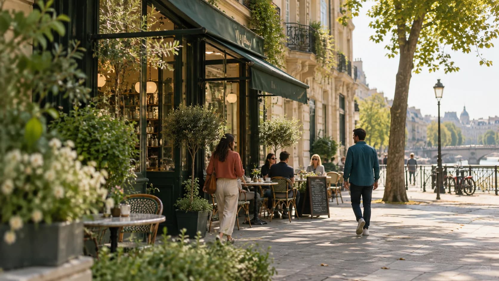 Two adults arriving at a sunny public cafe terrace